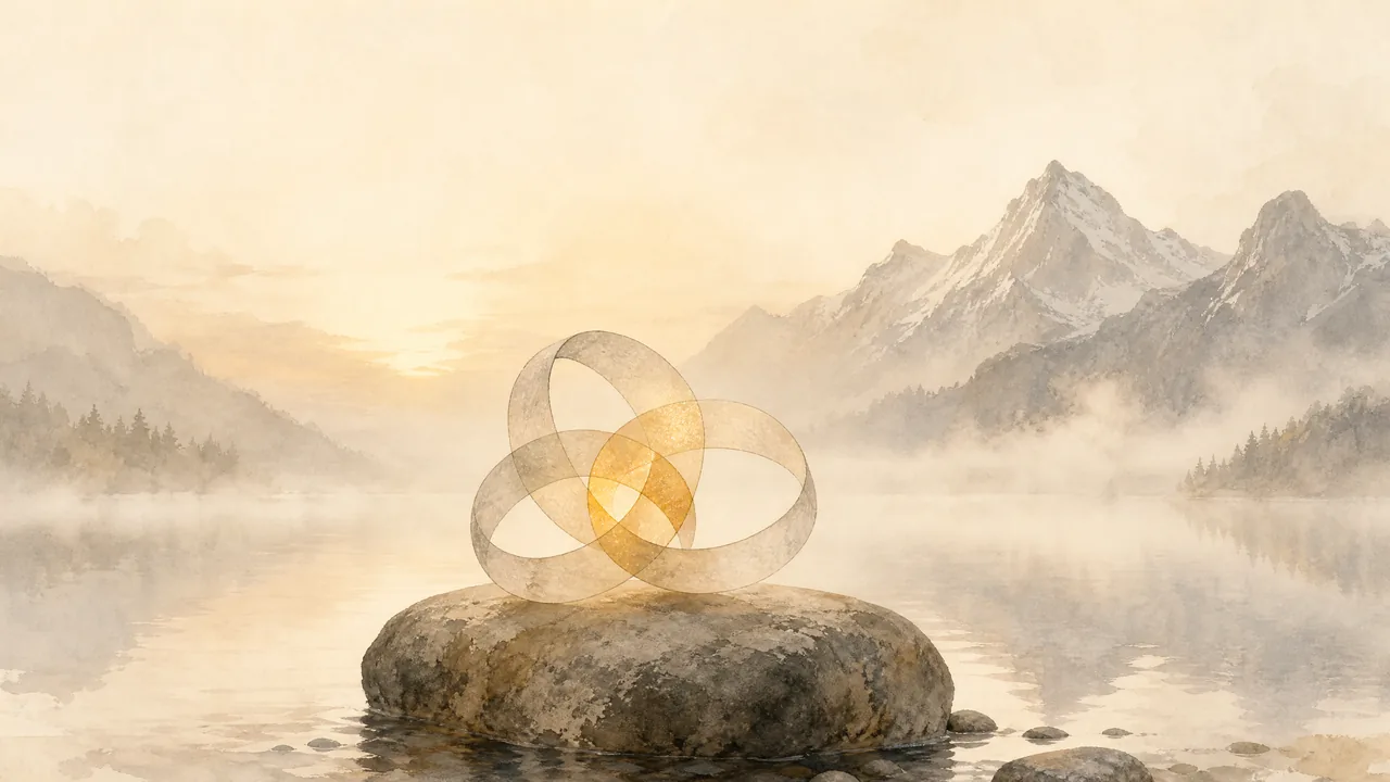 Aquarell dreier ineinandergreifender Ringe aus Papier über einem stillen Bergsee, Sinnbild für die Überschneidung von SEO, AEO und GEO.