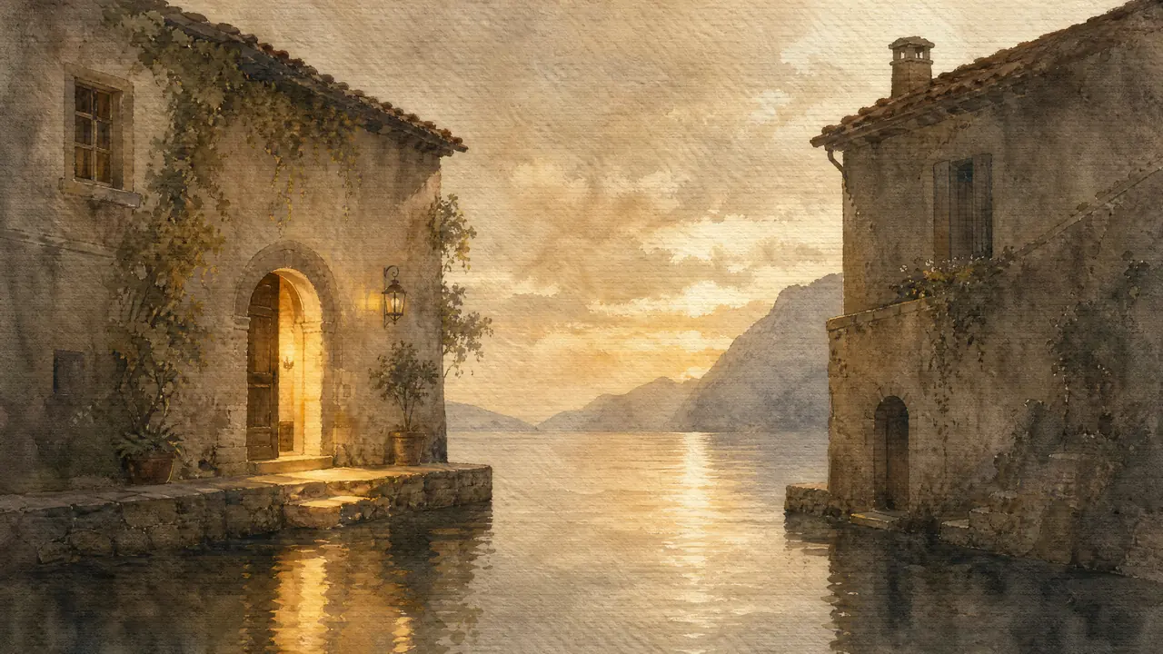 Aquarell zweier Gebäude am Ufer, eines hell erleuchtet mit offener Tür, das andere im Halbdunkel, Sinnbild für Angebotsseiten und Blogbeiträge in KI-Antworten.