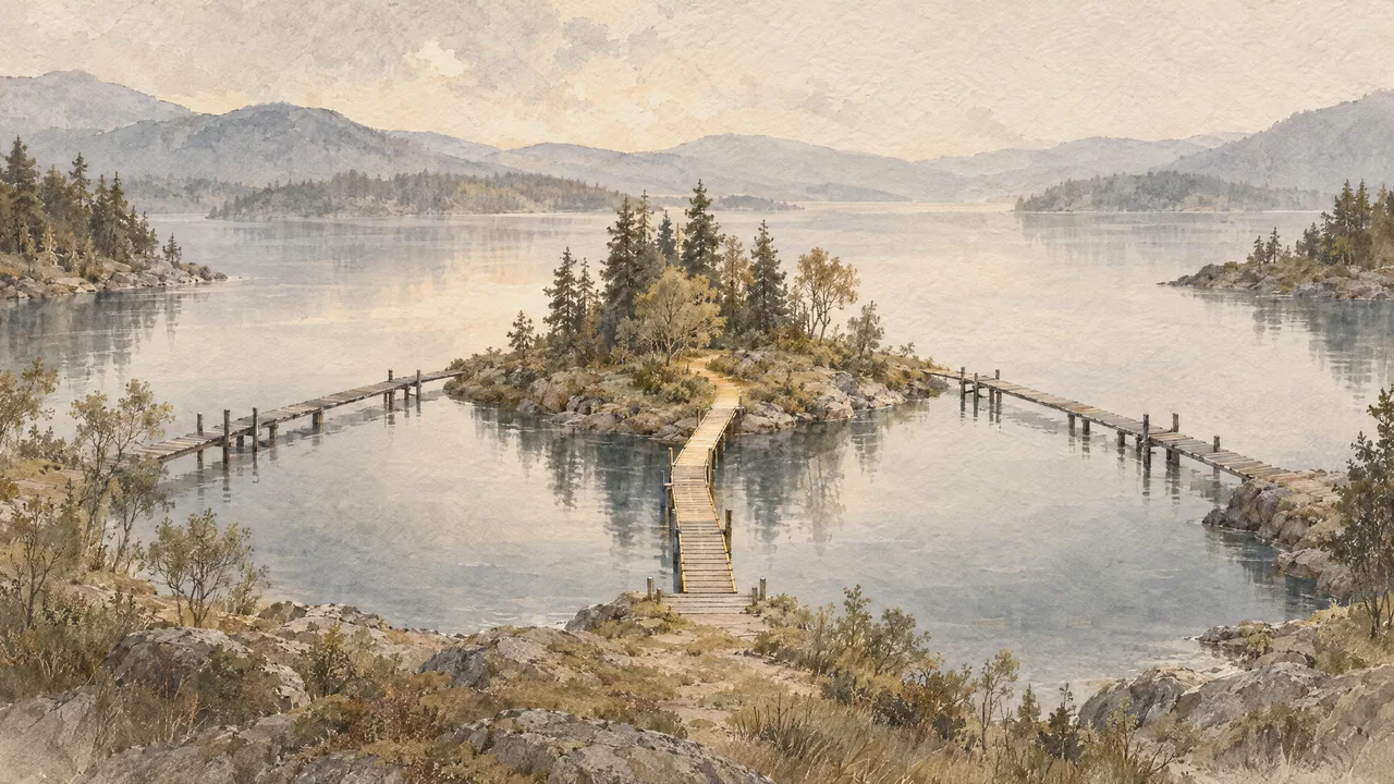 Aquarell: mehrere Holzstege führen von verschiedenen Ufern eines Sees zu einer bewaldeten Insel in der Mitte