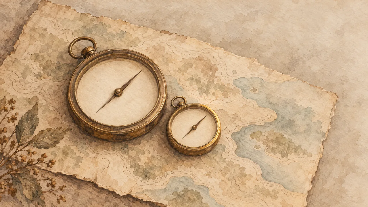 Aquarell eines zweiten, kleineren Kompasses, der neben einem grossen auf einer Landkarte liegt und in dieselbe Richtung zeigt, in Greige und Gold, Sinnbild für eine zusätzliche Orientierungshilfe neben der gewohnten.