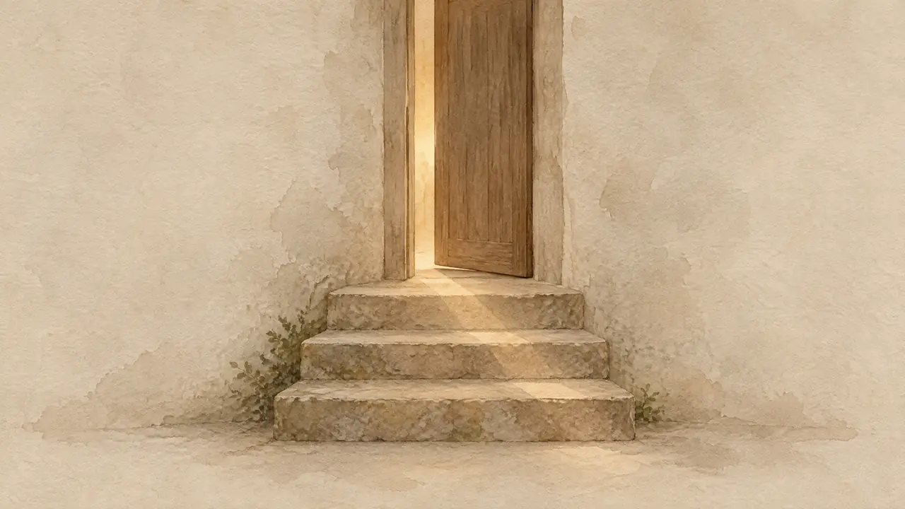 Aquarell einer Treppe mit drei flachen Stufen, die zu einer halb geöffneten Tür führen, Sinnbild für kleine nächste Schritte.
