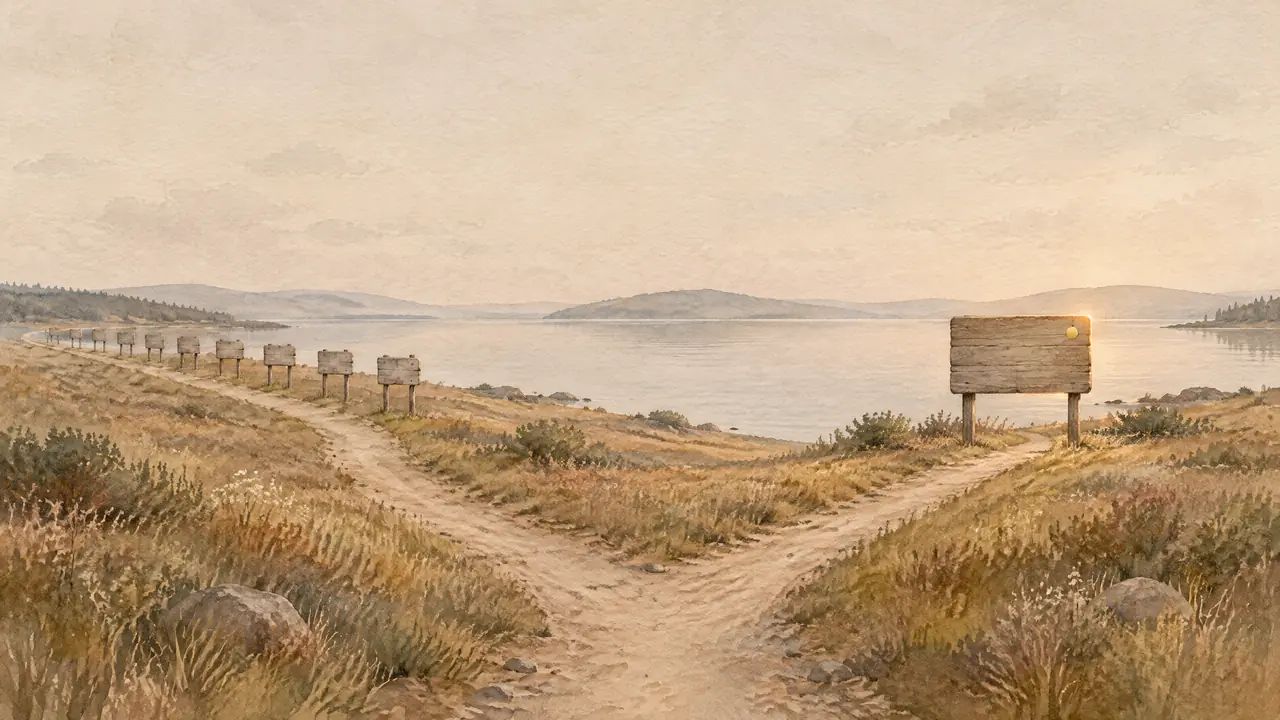 Aquarell zweier Wege, die sich am Ufer trennen, einer führt an einer langen Reihe kleiner Tafeln entlang, der andere zu einer einzelnen, golden beleuchteten Tafel.