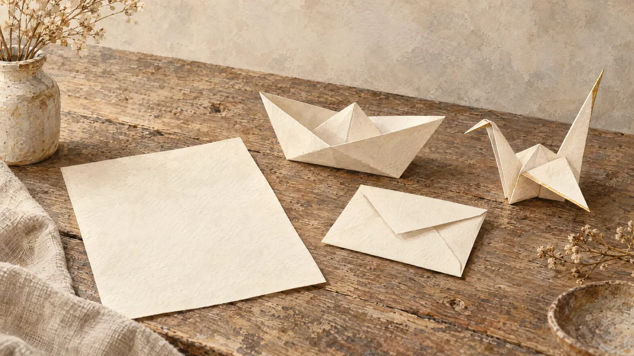 Aquarell eines Blattes Papier auf einem Holztisch, daneben daraus gefaltet ein Papierschiff, ein Briefumschlag und ein Kranich.