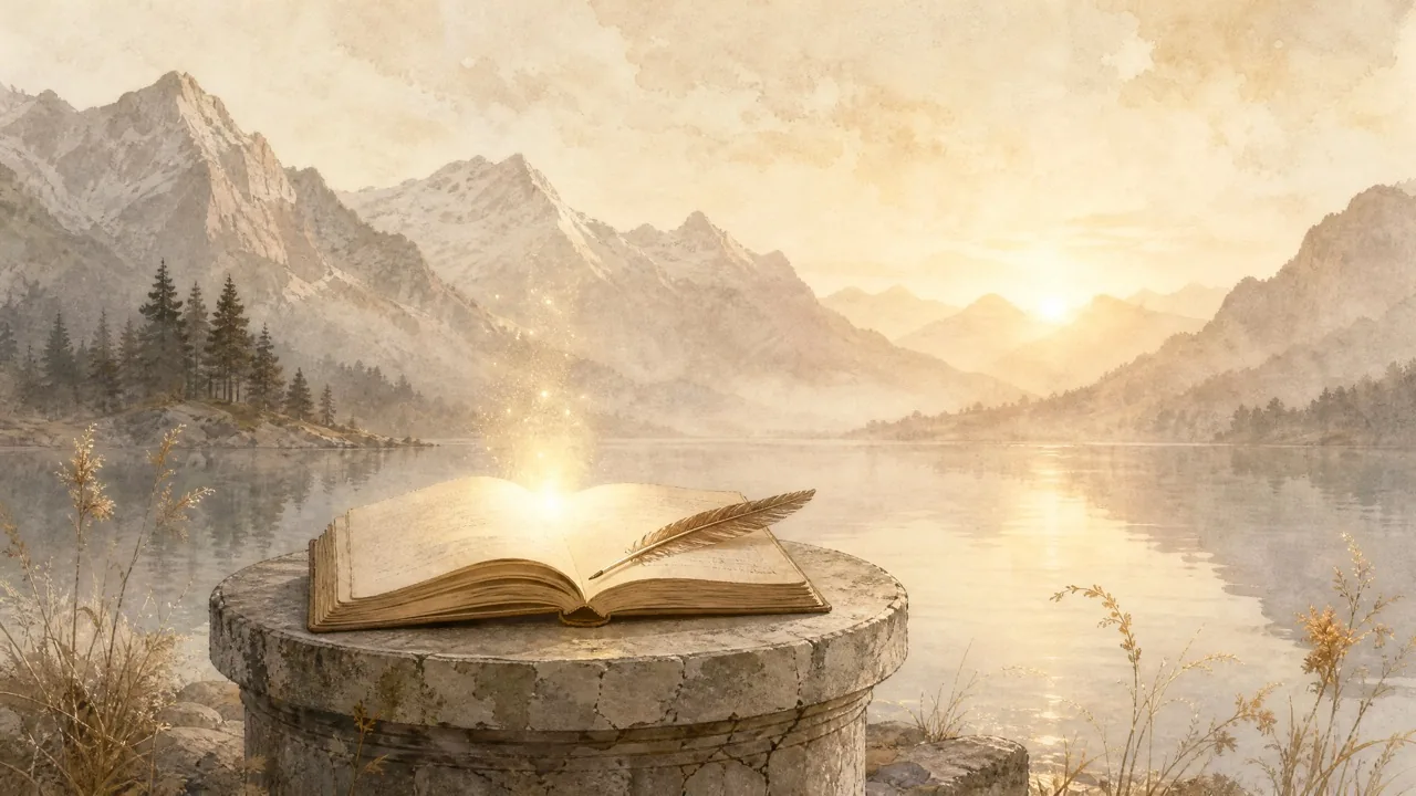Aquarell eines offenen Notizbuchs mit ruhender Schreibfeder am Ufer eines stillen Bergsees, Sinnbild für ruhige, tiefe Content-Arbeit.