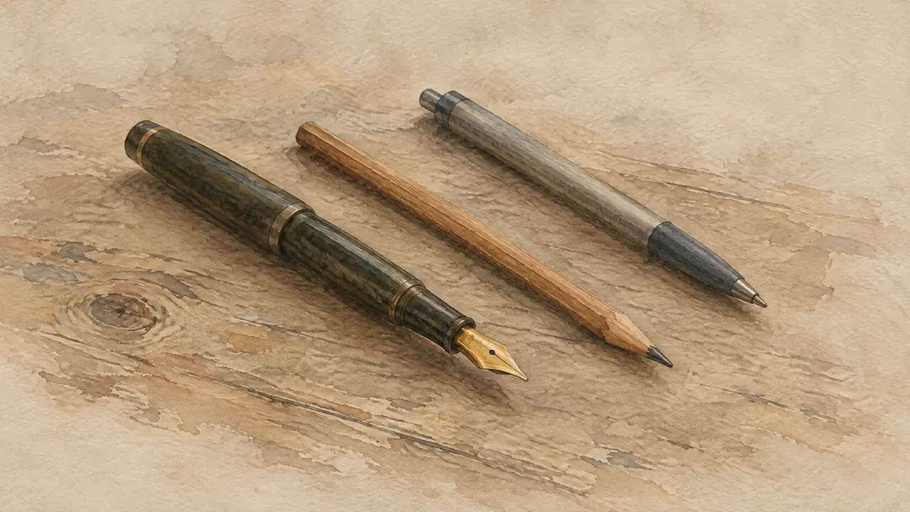 Aquarell von drei unterschiedlichen Schreibgeräten nebeneinander auf einem Holztisch, eine Füllfeder, ein Bleistift und ein Kugelschreiber.