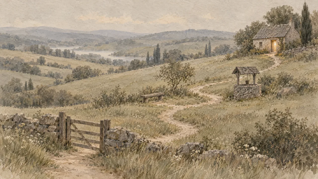 Aquarell: gewundener Fussweg durch sanfte Hügel, vorbei an Holztor und Brunnen bis zu einem kleinen Steinhaus