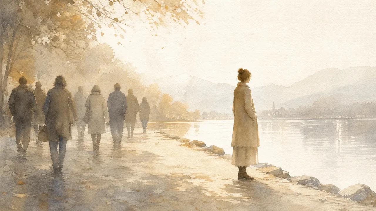 Aquarell einer Person, die an einem Ufer steht und deutlich sichtbar ist, während im Hintergrund eine Gruppe an ihr vorbeigeht, Sinnbild für Marken, die erkannt und trotzdem nicht empfohlen werden.
