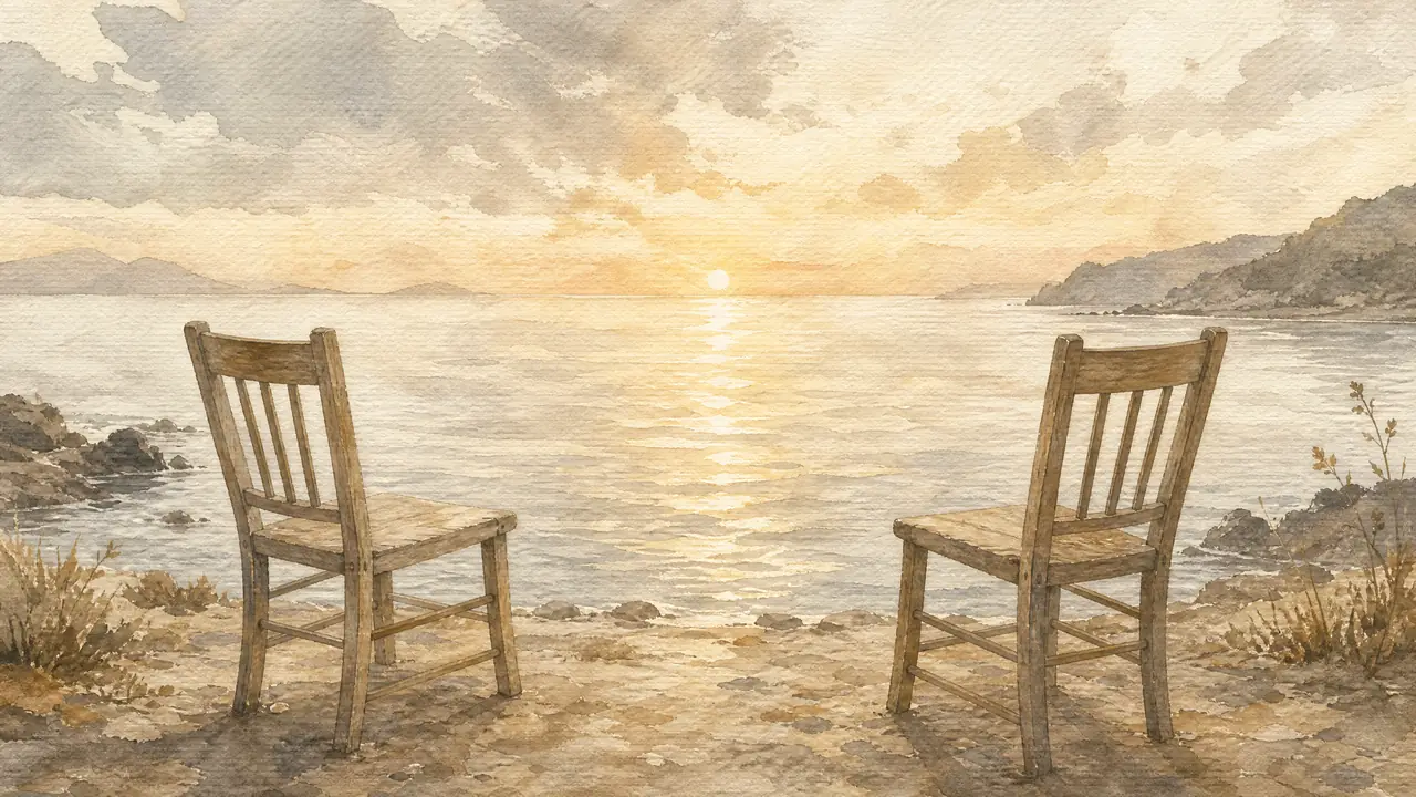 Aquarell zweier Stühle, die sich am Ufer gegenüberstehen, mit offenem Blick auf den See, Sinnbild für ein Gespräch auf Augenhöhe.