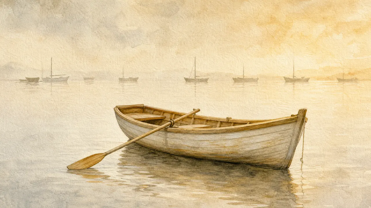 Aquarell einer einzelnen ausführlich gezeichneten Bootsfahrt am See neben einer Reihe kleiner, kaum erkennbarer Silhouetten, Sinnbild für Fallstudie gegen Logo-Wand.