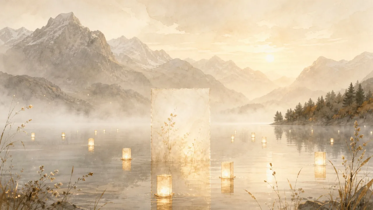 Aquarell kleiner leuchtender Papierlaternen, die auf einem stillen Bergsee um eine einzelne Seite treiben, Sinnbild für fremde Seiten, die deine KI-Empfehlung mitbestimmen.