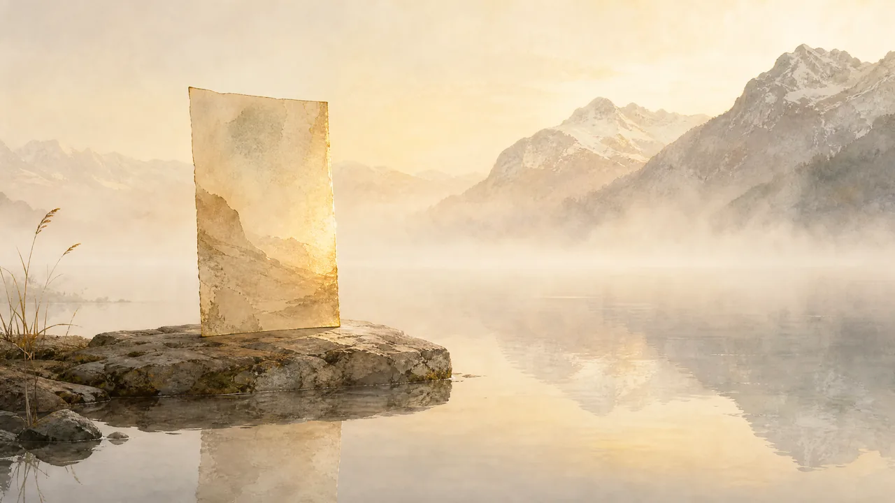 Aquarell einer Papierseite am Bergsee, deren Spiegelbild im Wasser blass und namenlos bleibt, Sinnbild für Ghost Citations in KI-Antworten.