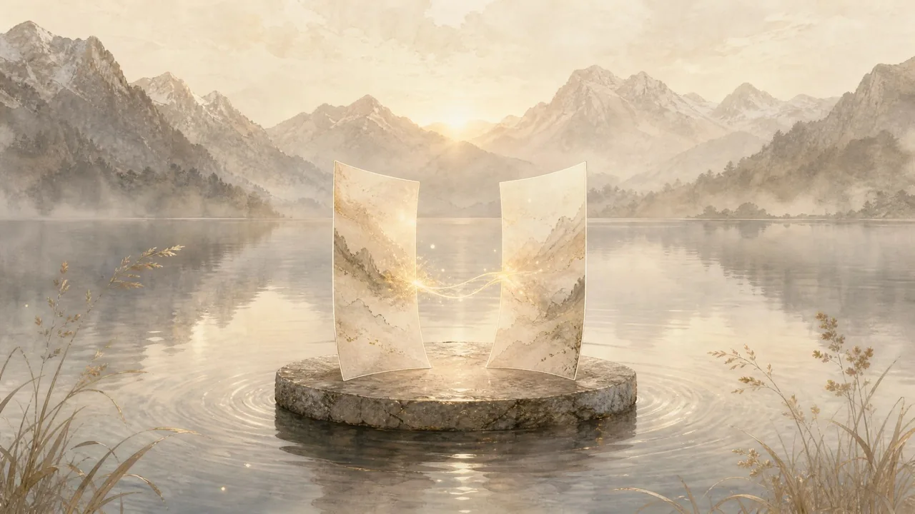 Aquarell zweier einander zugewandter Papierseiten, verbunden durch einen goldenen Lichtfaden, Sinnbild für die Suche, die im Google AI Mode zum Gespräch wird.