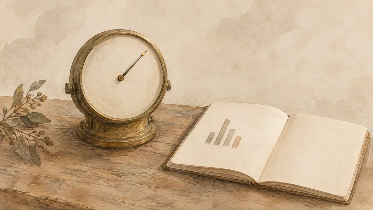 Aquarell eines Messinstruments mit Zeiger auf einem Schreibtisch neben einem Notizbuch mit kleinen Balken, Sinnbild für die Messung der eigenen Sichtbarkeit.