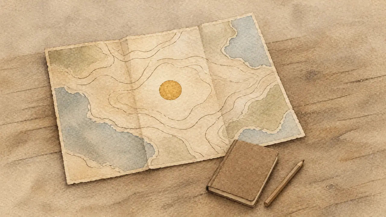 Aquarell einer Landkarte mit einem Kreis statt einer Stecknadel, daneben ein Notizbuch, Sinnbild für ein Einzugsgebiet ohne feste Adresse.