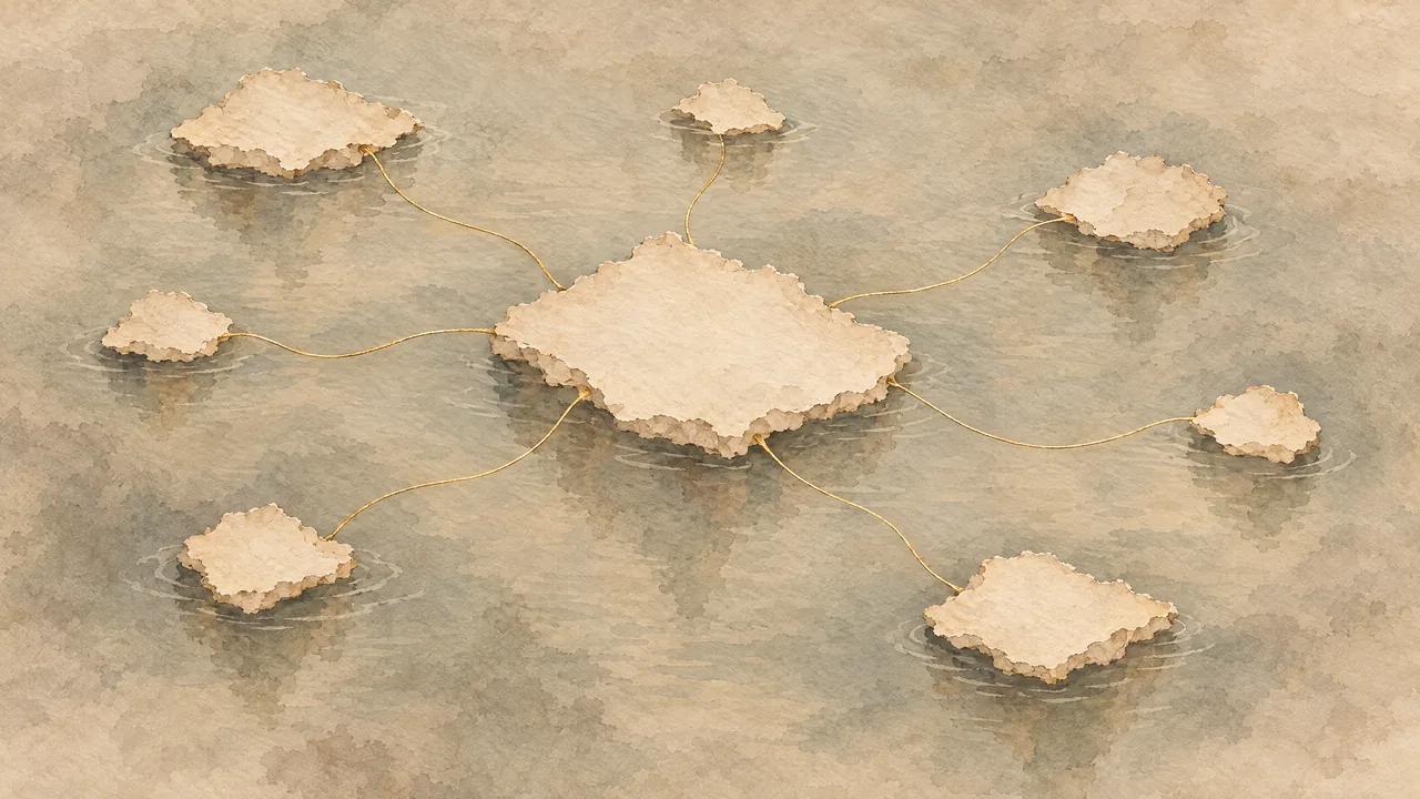Aquarell mehrerer kleiner Papierinseln auf ruhigem Wasser, verbunden durch feine goldene Fäden, die zu einer grösseren Insel in der Mitte führen, Sinnbild für Seiten, die zu einem Zentrum verlinken.