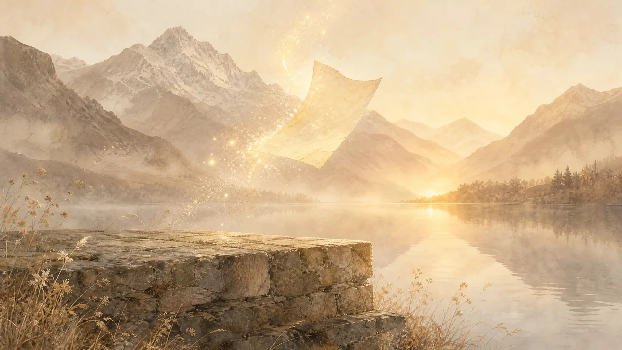 Aquarell eines soliden Steinfundaments am Ufer eines stillen Bergsees, über dem eine leuchtende Papierseite aufsteigt, Sinnbild für SEO als Fundament der KI-Sichtbarkeit.