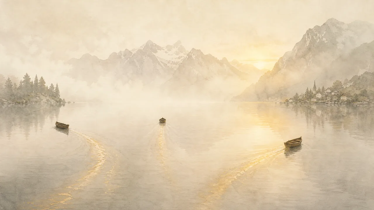 Aquarell dreier Boote auf einem stillen Bergsee, die zu verschiedenen Ufern fahren, Sinnbild dafür, dass jede KI aus eigenen Quellen schöpft.