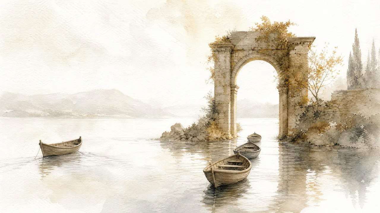 Aquarell dreier unterschiedlich grosser Boote, die auf einen offenen Torbogen am Ufer zusteuern, Sinnbild für die verschiedenen KI-Crawler und die Entscheidung, wen man hereinlässt.