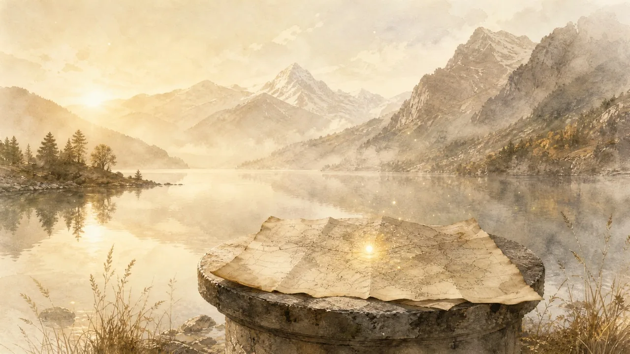 Aquarell einer alten Landkarte mit einem einzelnen leuchtenden Standortpunkt, Sinnbild für die Standortbestimmung durch einen KI-Sichtbarkeits-Check.