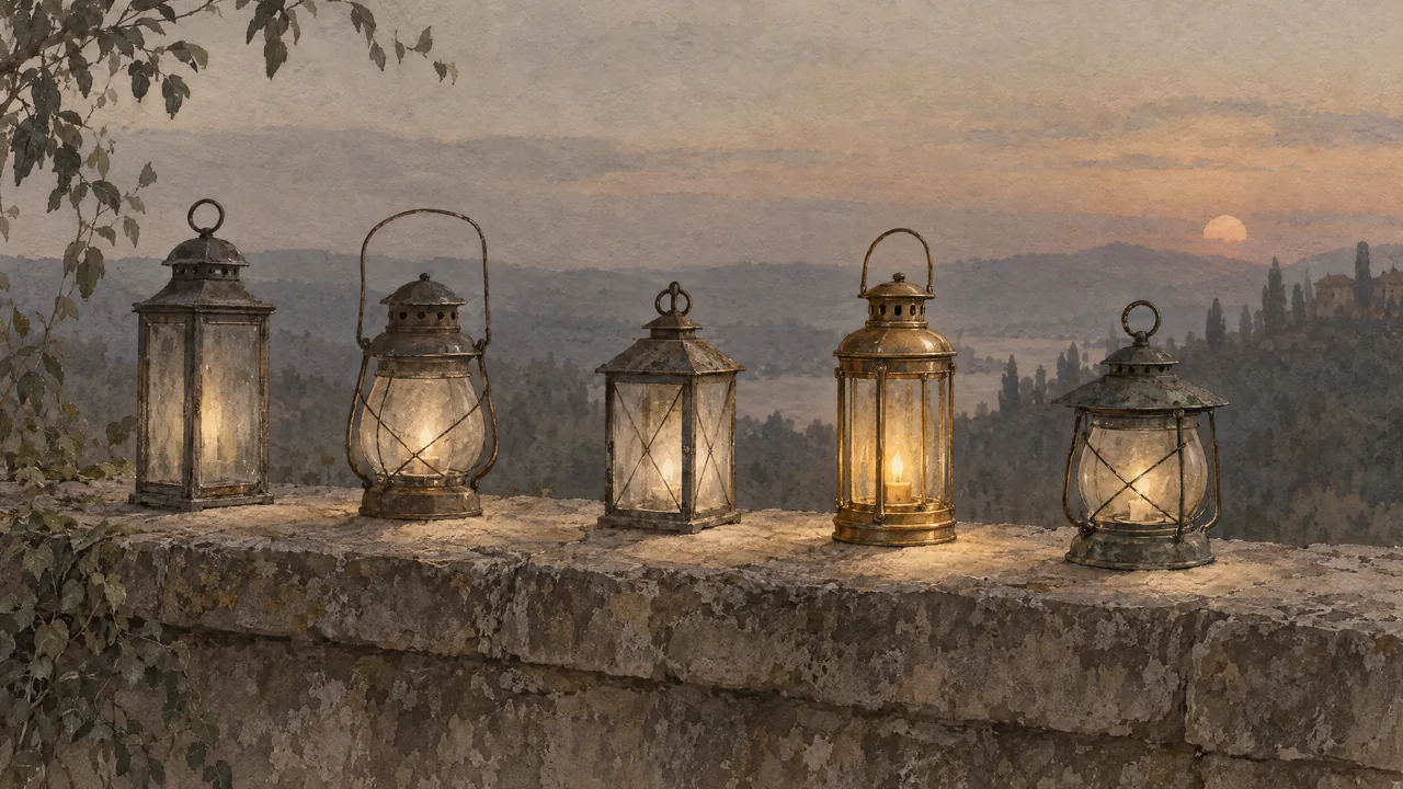 Aquarell von fünf antiken Laternen auf einer Steinmauer in der Abenddämmerung, jede wirft ein etwas anderes Licht, eine leuchtet golden.