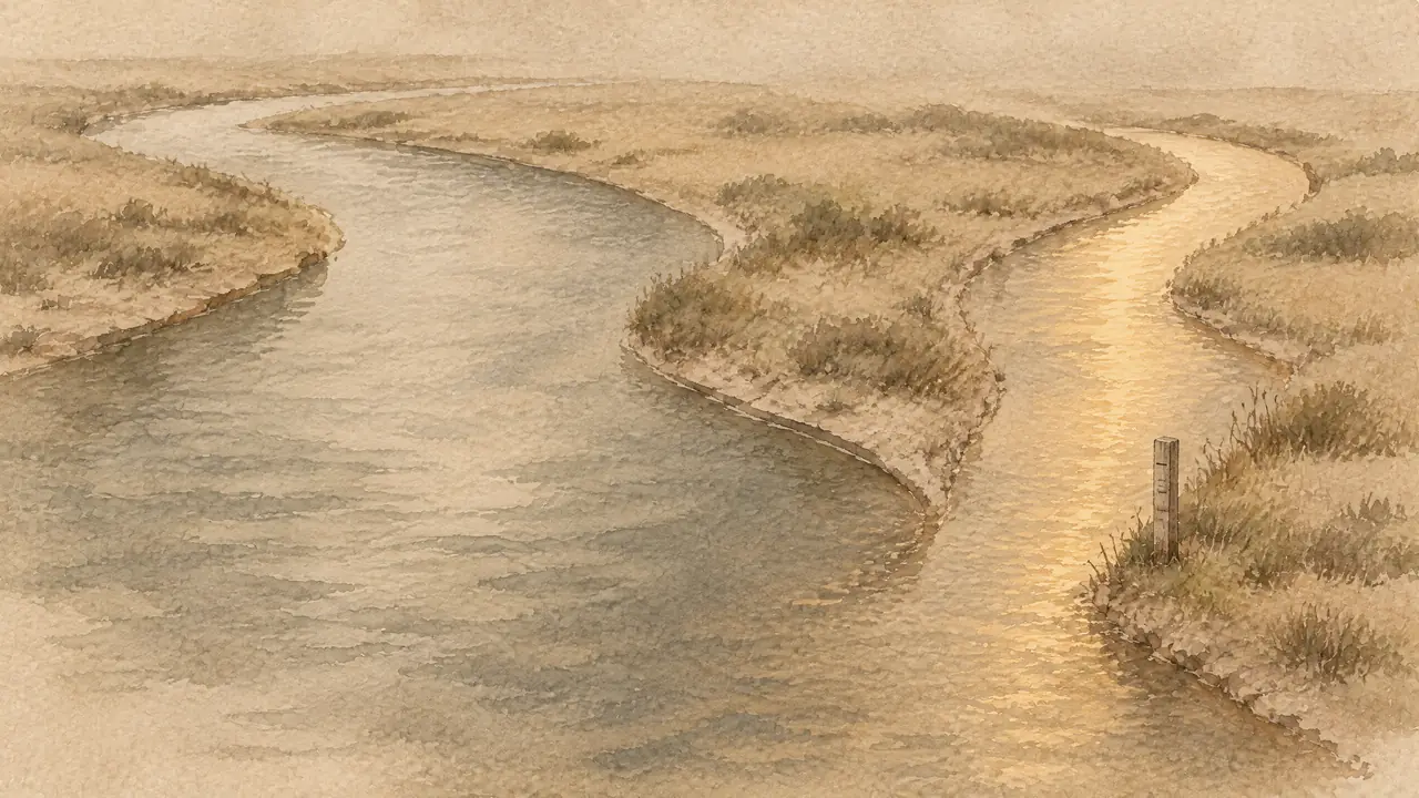 Aquarell eines Flusses, der sich in zwei Arme teilt, daneben ein Messstab am Ufer, Sinnbild für getrennt gemessene Besucherströme.