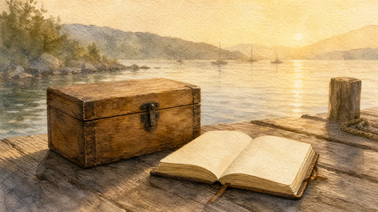 Aquarell einer verschlossenen Holzkiste am Ufer neben einem offenen Notizbuch, Sinnbild für die Trennung zwischen vertraulichen und unbedenklichen Inhalten.