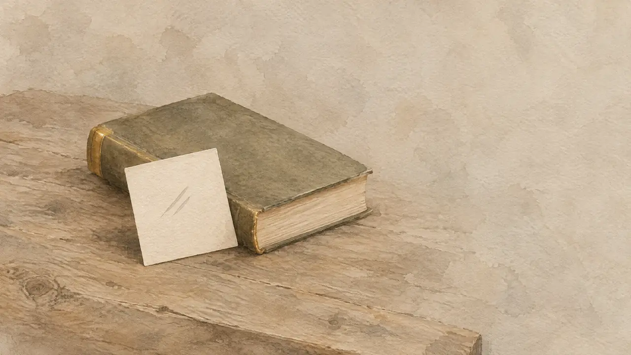 Aquarell einer kleinen Karteikarte mit zwei Zeilen Handschrift, die an einem Buchrücken lehnt, Sinnbild für die Vorschau auf einen Inhalt.