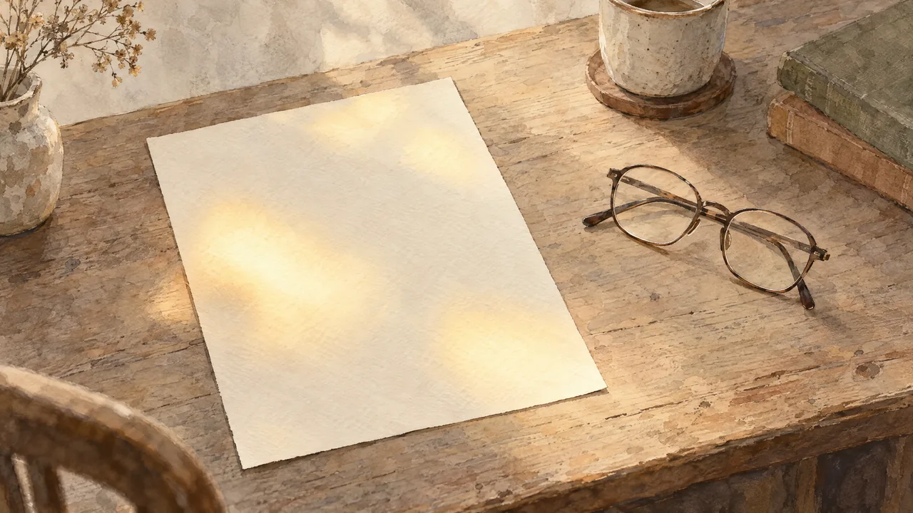 Aquarell eines Blattes Papier auf einem Holztisch, auf dem sich warmes Licht an einigen Stellen sammelt wie eine sanfte Heatmap, daneben eine Lesebrille.