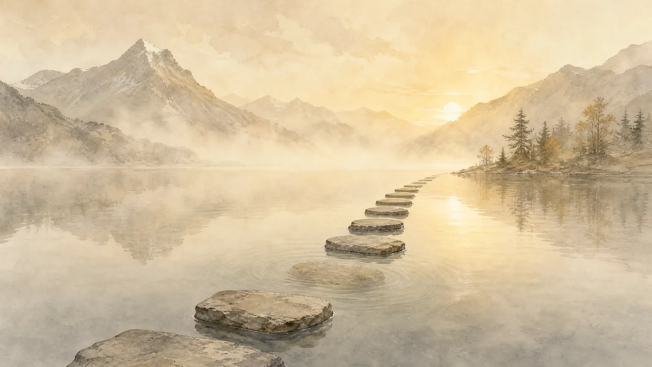 Aquarell mehrerer Trittsteine, die über einen stillen Bergsee führen, während einer versunken ist, Sinnbild für Sichtbarkeit, die auf mehreren Wegen ruht.