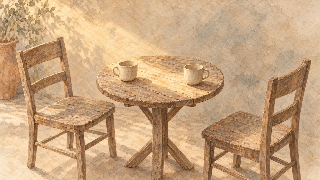 Aquarell zweier leerer Holzstühle, die sich an einem kleinen runden Tisch mit zwei Tassen gegenüberstehen, in warmem goldenem Licht, Sinnbild für das aufmerksame Gespräch.