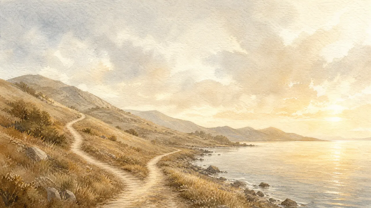Aquarell zweier Wege, die sich am Ufer trennen und in unterschiedliche Richtungen führen, Sinnbild für auseinanderlaufende Trefferliste und KI-Zitate.