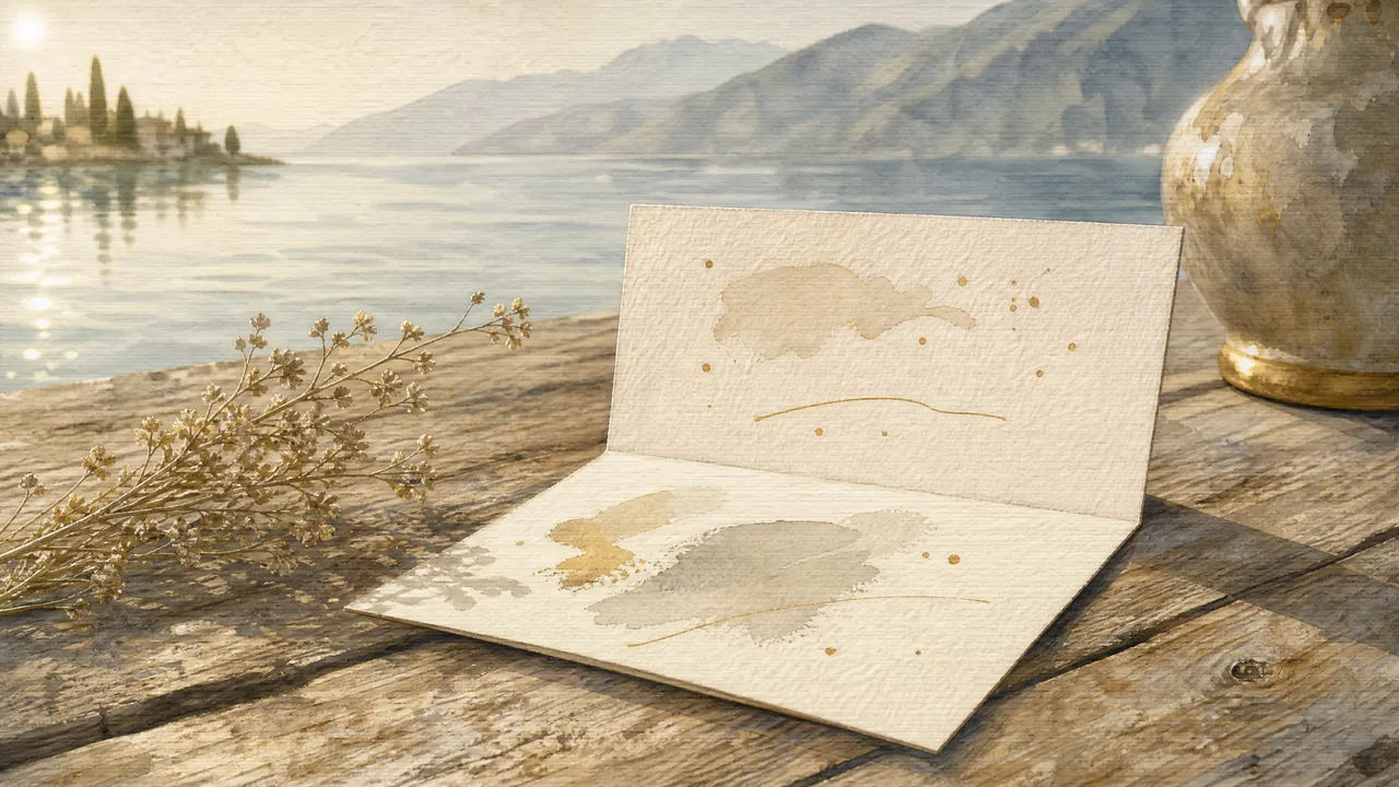 Aquarell eines offen ausliegenden Preisschilds auf einem Holztisch am See, ruhig und selbstverständlich, Sinnbild für Preistransparenz in der Beratung.