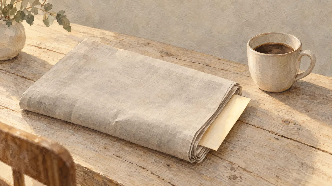 Aquarell einer gefalteten Zeitung auf einem Holztisch, aus der ein Blatt mit goldenem Rand ragt, daneben eine Tasse Kaffee.