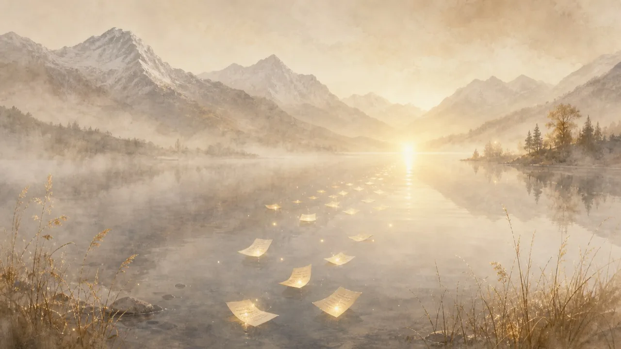 Aquarell mehrerer leuchtender Papierseiten, die auf einem stillen Bergsee zu einem Punkt zusammentreiben, Sinnbild für die Quellen, aus denen eine KI ihre Empfehlungen zieht.