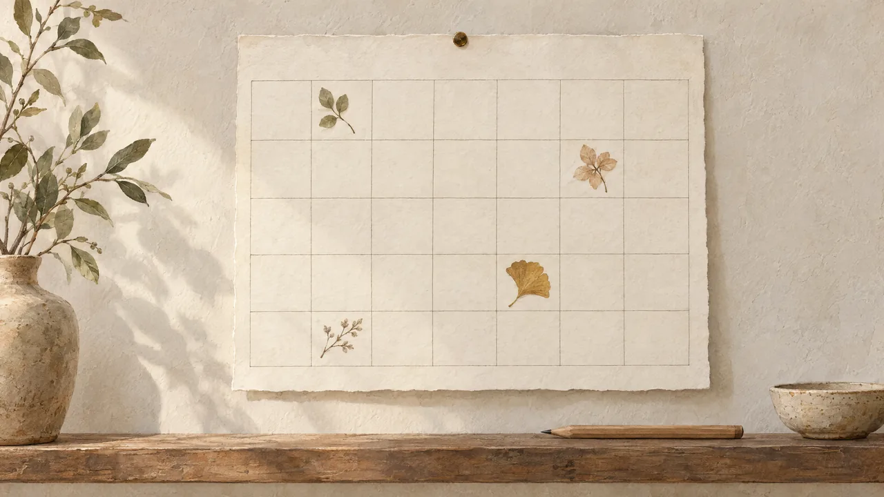 Aquarell: Papierkalender an heller Wand, einige Tage mit gepressten Blättern markiert, einer mit einem goldenen Ginkgoblatt
