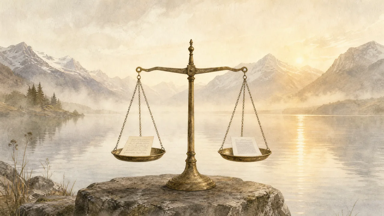 Aquarell einer ruhigen Waage am Ufer eines Bergsees, auf der eine handgeschriebene und eine gedruckte Seite im Gleichgewicht liegen, Sinnbild für KI-Texte und Google-Ranking.