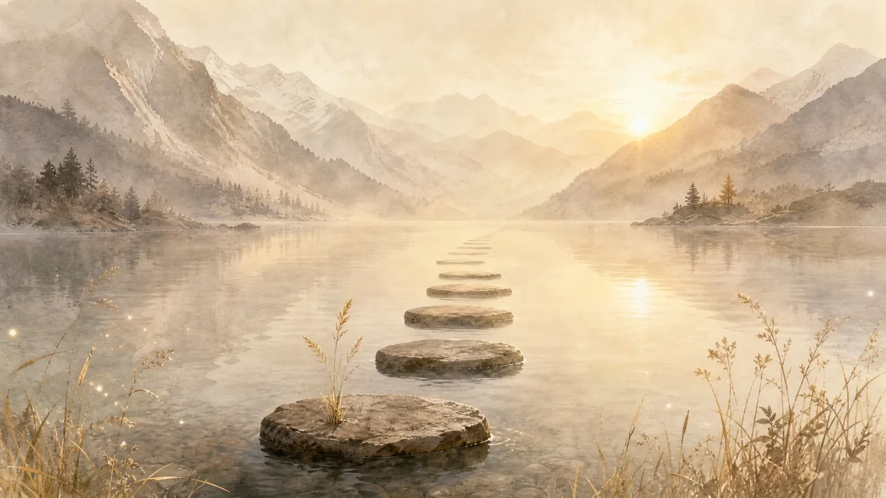 Aquarell eines Weges aus Trittsteinen, der am Ufer eines stillen Bergsees im Morgengrauen beginnt, Sinnbild für den sichtbaren Start in die Selbstständigkeit.