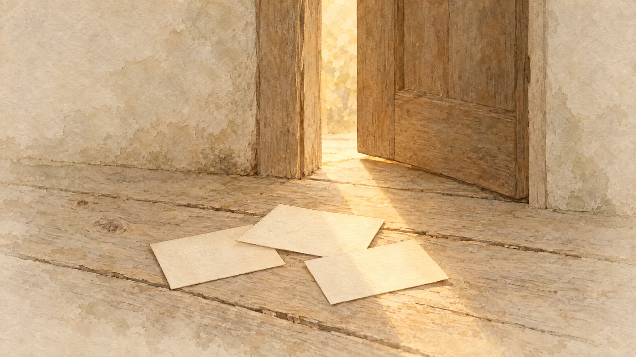 Aquarell einiger handgeschriebener Karten, die neben einer offenen Tür auf einem hellen Holztisch liegen, in Greige und mattem Gold, Sinnbild für Stimmen, die anderen den Weg hinein erleichtern.