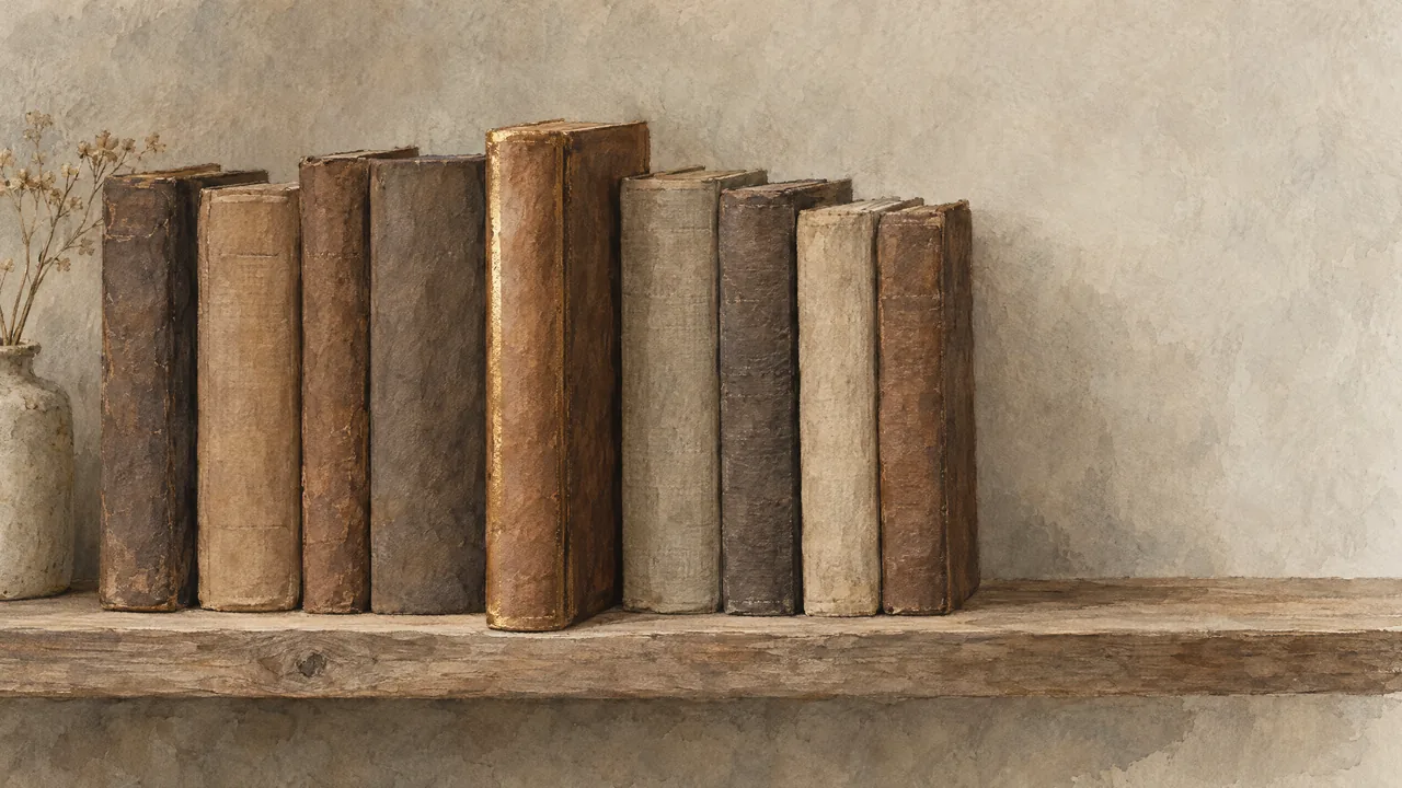 Aquarell: Reihe alter Lederbücher auf einem Holzregal vor heller Wand