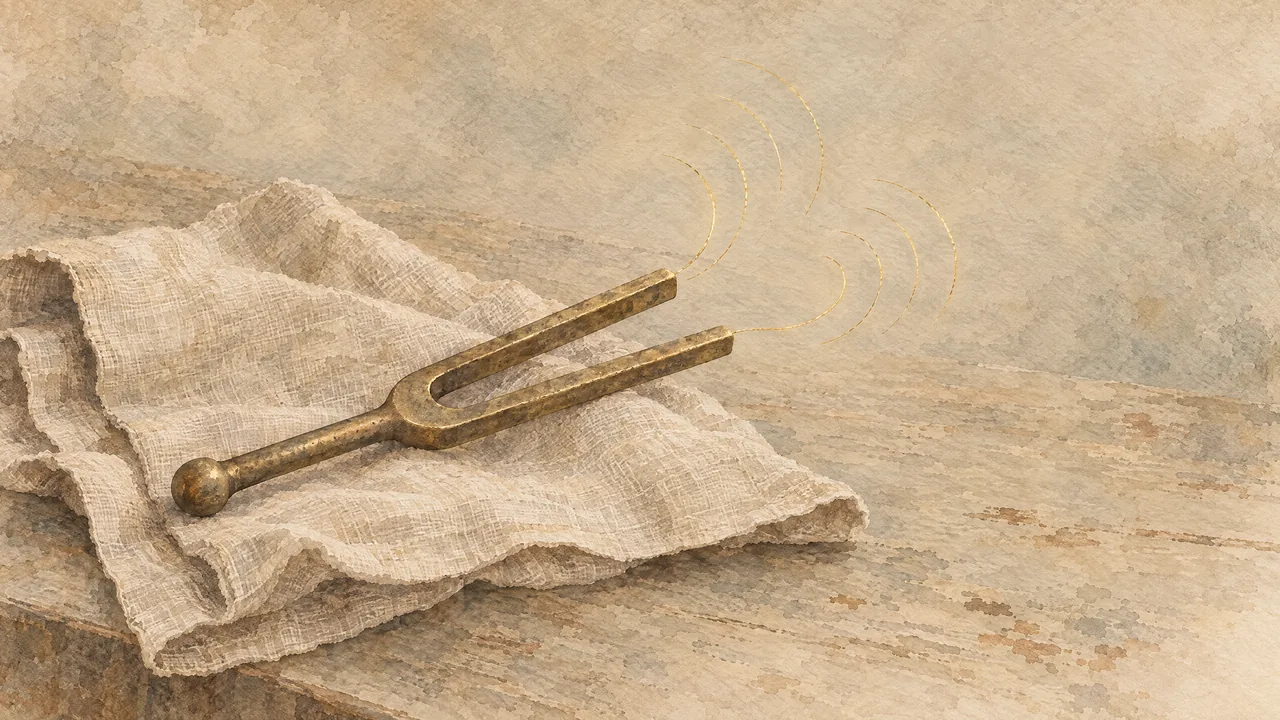 Aquarell einer Stimmgabel aus Messing auf einem gefalteten Leinentuch, von der feine goldene Klangwellen aufsteigen, Sinnbild für den eigenen Ton.