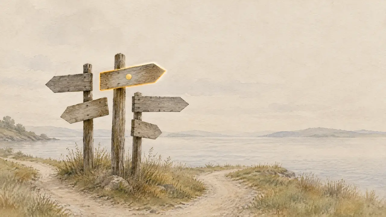 Aquarell mehrerer verwitterter Wegweiser an einer Weggabelung am See, einer davon golden hervorgehoben, Sinnbild für Verzeichnisse, die auf einen Anbieter zeigen.