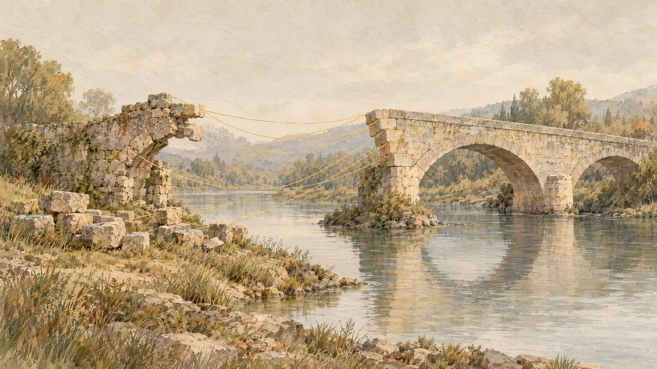 Aquarell einer alten Steinbrücke, neben der eine neue entsteht, feine goldene Fäden verbinden jeden alten Stein mit seinem neuen Platz.