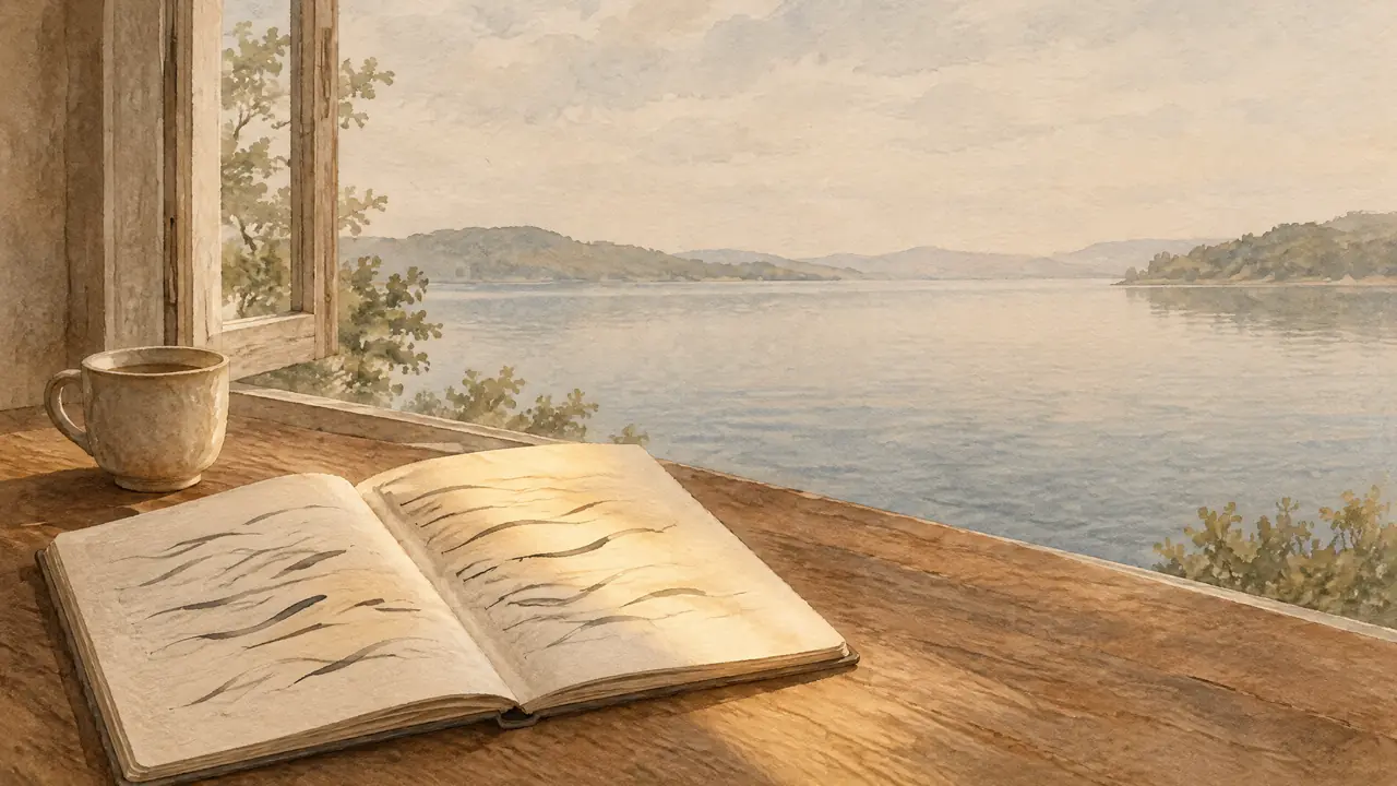 Aquarell eines Schreibtischs am Fenster mit Notizbuch und Seeblick, daneben eine lange handschriftliche Frage, Sinnbild für ausformulierte Suchanfragen.