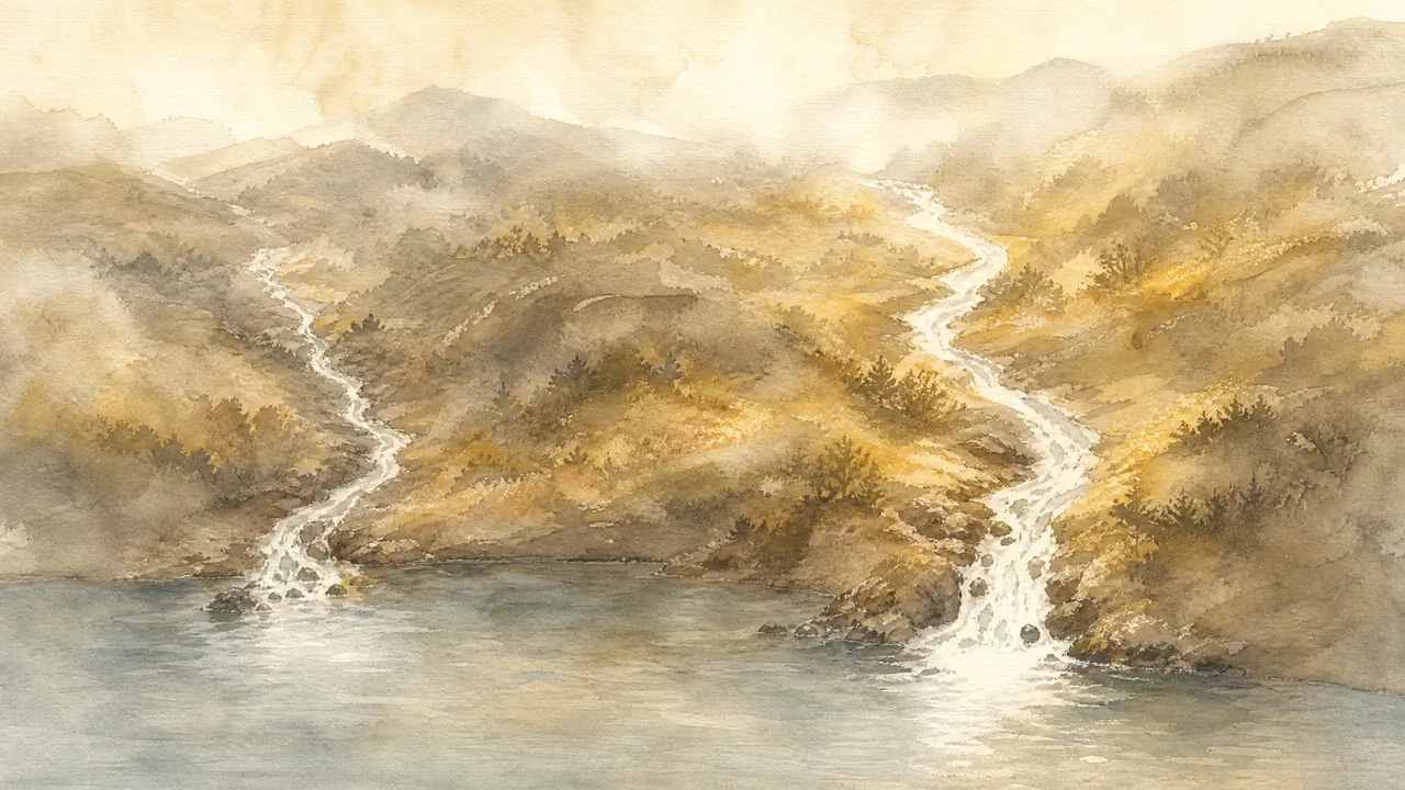 Aquarell zweier getrennter Wasserläufe, die aus derselben Landschaft kommen und an verschiedenen Stellen münden, Sinnbild für getrennte Auswahlprozesse bei Google und ChatGPT.