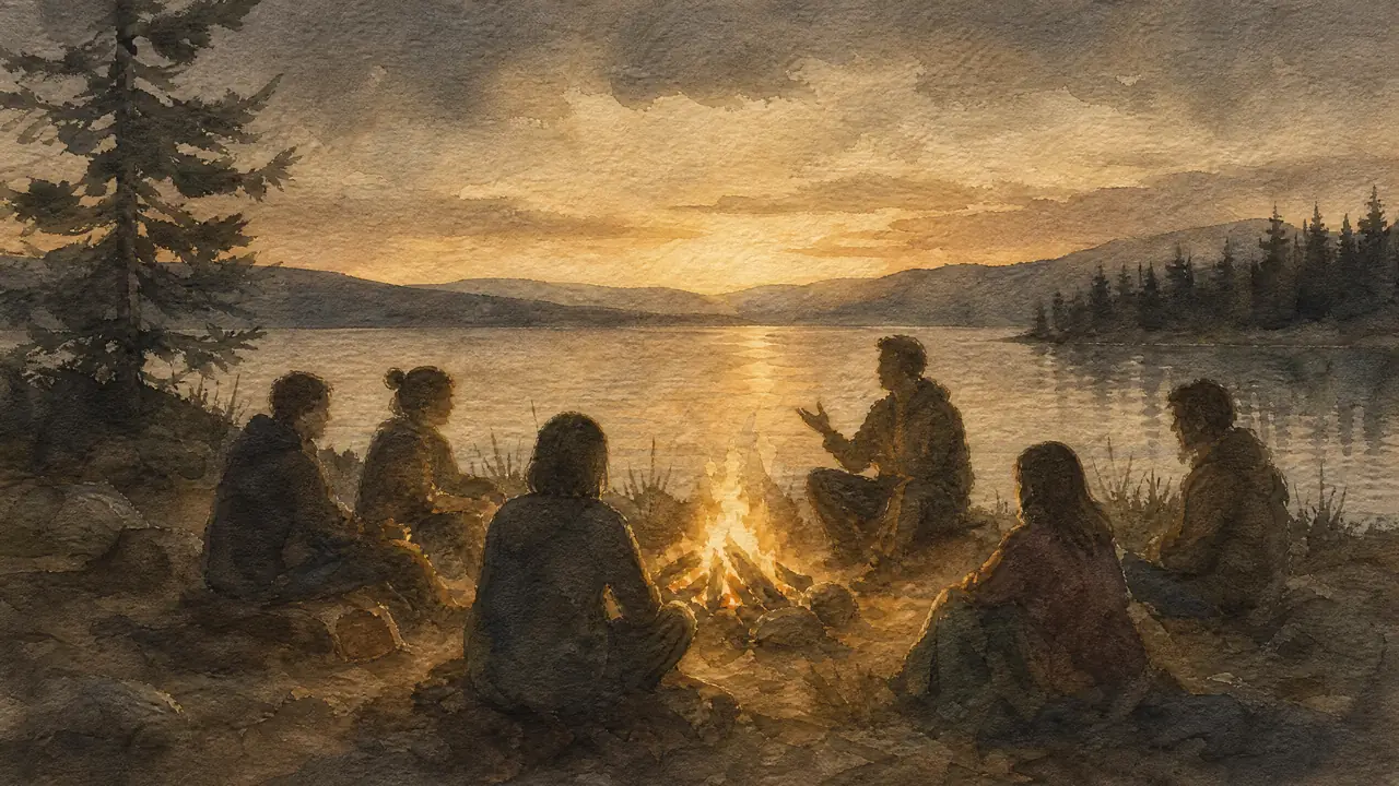 Aquarell eines Lagerfeuers am See, um das mehrere Menschen sitzen und einer erzählt, Sinnbild dafür, dass über dich gesprochen wird, ohne dass du selbst sendest.