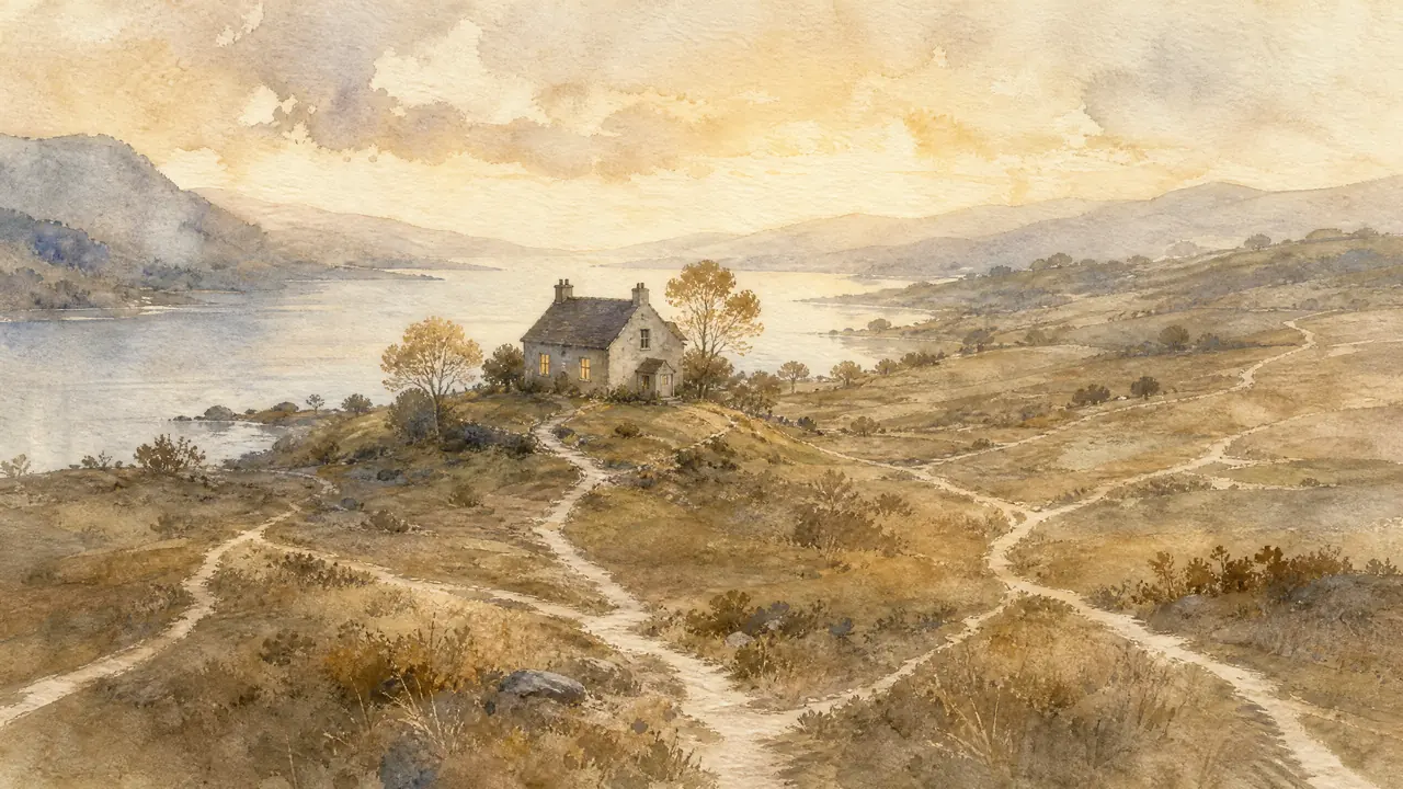 Aquarell eines Hauses am See, um das herum viele kleine Boote liegen, deren Wege alle woandershin führen, Sinnbild für Zitate, die auf fremde Seiten zeigen.