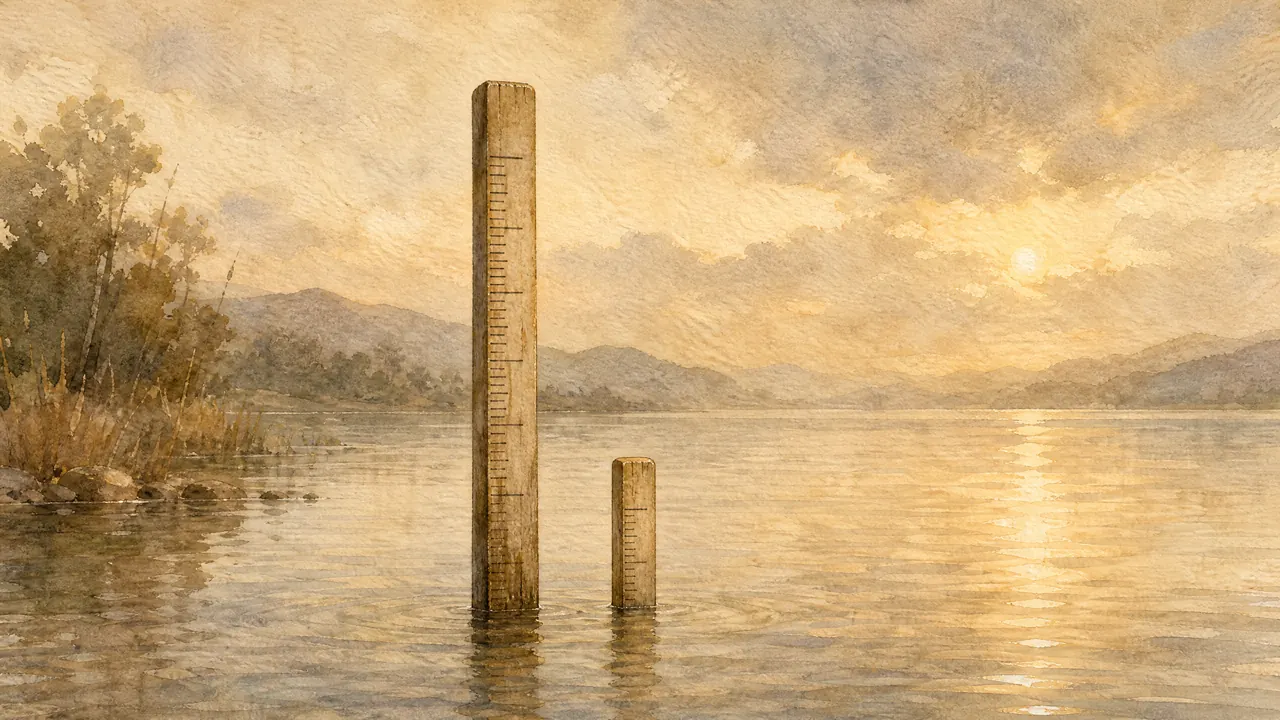 Aquarell zweier Messlatten unterschiedlicher Länge nebeneinander am Ufer, Sinnbild für zwei Messungen, die dasselbe Feld verschieden beschreiben.