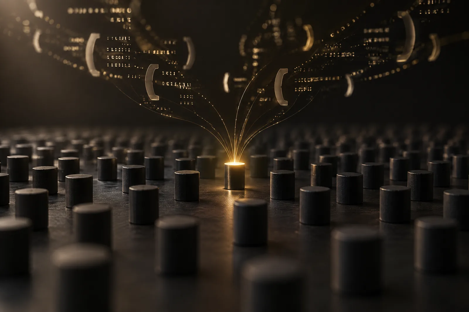 A field of dark cylinders with one glowing gold, connected to floating fragments of code
