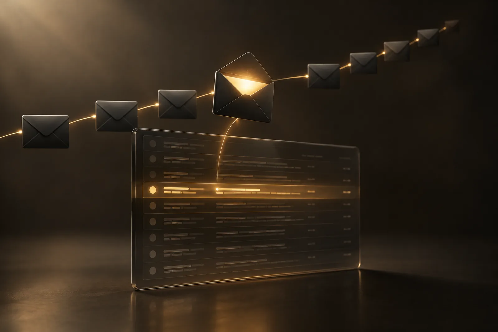 A dark inbox with one line highlighted in gold, above it a row of envelopes with one glowing gold