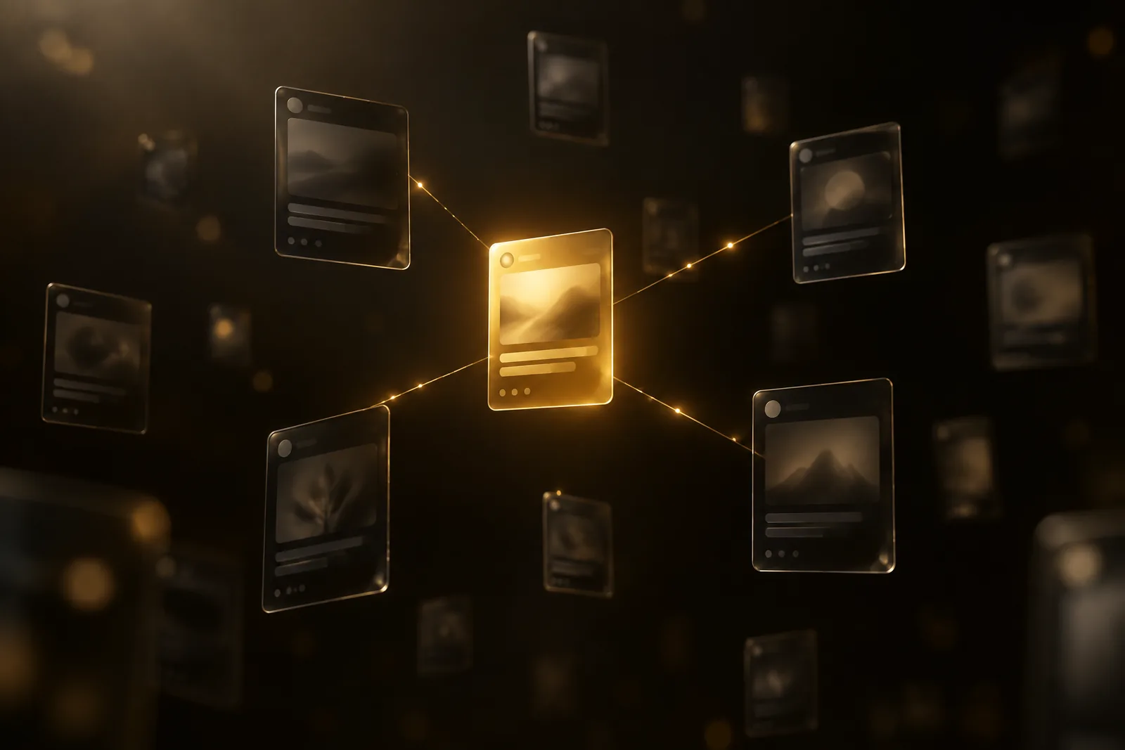 Floating post cards, one glowing gold and connected to a few selected others